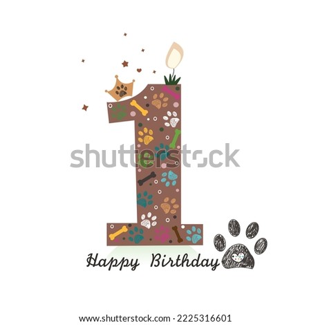 First one text candle.Paw prints and bone first birthday candle greeting card. Birthday greeting card