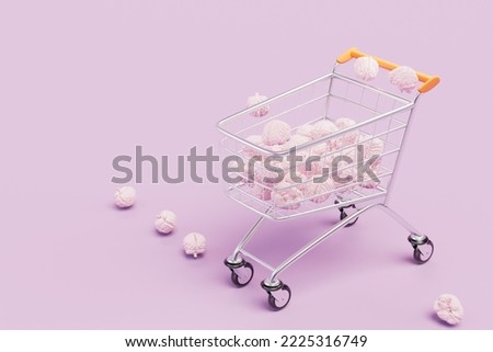 lots of thoughts on shopping. brains in a shopping cart on a pastel background. 3D render.