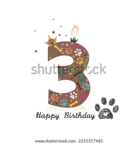 Three candle.Paw prints and bone third birthday candle greeting card. Birthday greeting card