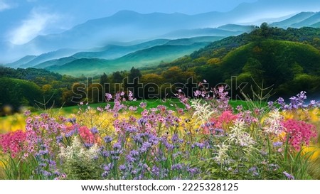 Mountain wild flowers blue sky and white clouds in heart shape wild field rainbow on blue sky  sunset  summer nature landscape Royalty-Free Stock Photo #2225328125