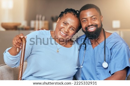 Nurse, senior black woman and doctor or caregiver hugging for support, love and gratitude in nursing home. Smile, healthcare worker and happy African elderly person with a cane for a disability