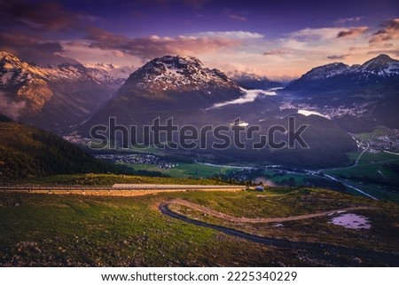 Celerina an Engadine Lakes, St Moritz, Silvaplana and Maloja from Muottas Muragl Royalty-Free Stock Photo #2225340229