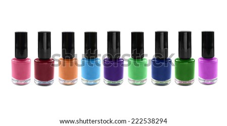 Set of multicolor nail polish on white background