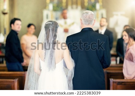 Wedding, event and father with bride at chapel for celebration, faith and marriage ceremony. Happy, family and church with dad and daughter walking in aisle for love, pride and Christian belief Royalty-Free Stock Photo #2225383039