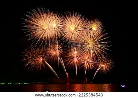 Firework celebration from the sea shore. Colorful fireworks celebration and the night sky background. International fireworks festival at Pattaya Thailand.