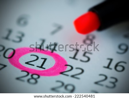 Pink circle. Mark on the calendar at 21.