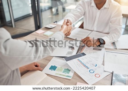 Marketing, documents and business people handshake in office for deal or onboarding interview. Partnership, b2b and contract agreement, shaking hands and thank you, negotiation and welcome to company Royalty-Free Stock Photo #2225420407