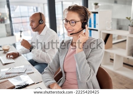 Call center, support and worker consulting, talking and giving customer service online for telemarketing. Crm, contact us and happy employee in technical support at a corporate communication agency Royalty-Free Stock Photo #2225420425