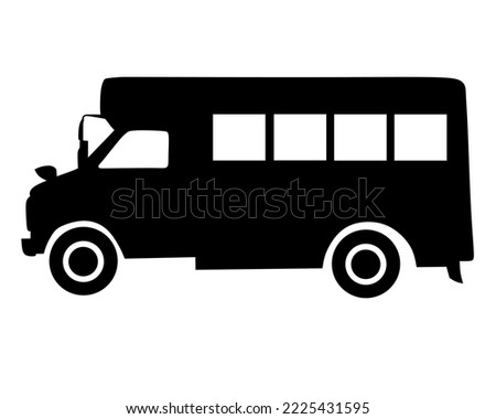 Vector of minibus, van, minivan, bus silhouette isolated on white background. Monochrome illustration of transportation. Travel and recreation.