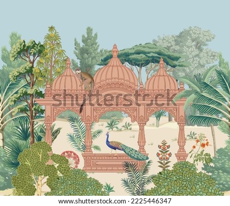 Traditional Indian temple garden, forest, peacock, monkey vector pattern