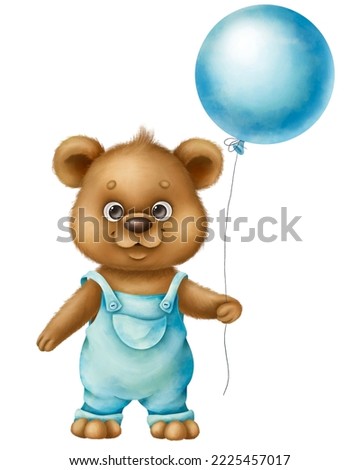 Cute fluffy baby bear in a blue jumpsuit with a big balloon. Perfect for poster design, baby textiles, baby shower invitations, welcome cards, stickers, postcards.