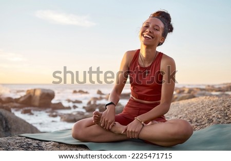 Yoga mat, black woman and outdoor at beach, meditation and wellness to relax or peace. Portrait, African American female, lady or calm for exercise, pilates or fitness with smile, seaside or laughing