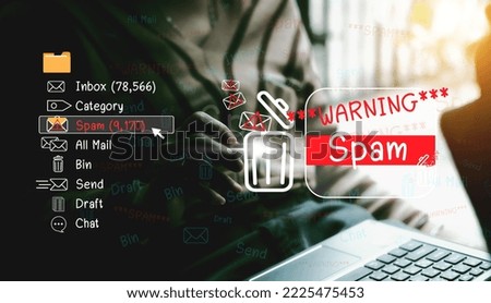 The concept of e-mail and computer viruses. Review the concepts of internet security, spam and e-marketing on screen. Spam email pop-up warnings.