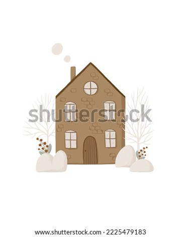 Winter composition Scandinavian house and Christmas trees illustration for design, print, pattern, on a white background