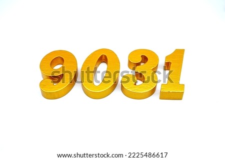 Number 9031 is made of gold-painted teak, 1 centimeter thick, placed on a white background to visualize it in 3D.                               