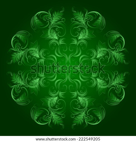 Vector floral pattern with round damask ornament for design, isolated on green background