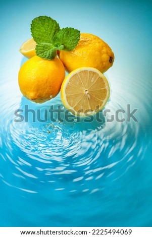 Ripe juicy lemons with mint on a blue background with water splashes. Copy space.
