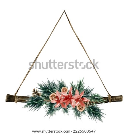 Hanging Christmas wall decor with pine branches, poinsettia flowers