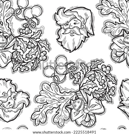 Christmas and New Year seamless vector pattern for wrapping paper, fabric print, textile design, decorative elements. Pine tree with xmas decoration. Hand drawn illustration. Cartoon style drawing.