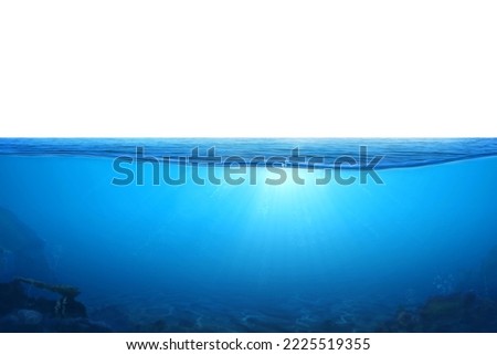 Blue water wave and bubbles isolated on white background. BLUE UNDER WATER waves and bubbles. sea with sunlight reflection, Tranquil sea harmony of calm water surface. for graphic designing, editing. Royalty-Free Stock Photo #2225519355
