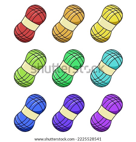 A set of colored icons, large skein of yarn for knitting, vector illustration in cartoon style on a white background