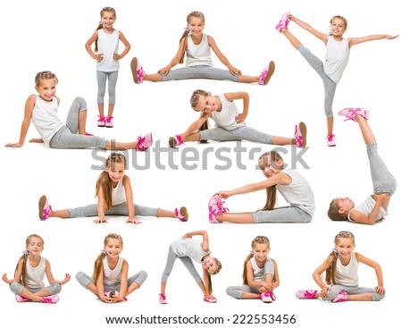 cute little girl goes in for sports. studio shot isolated on white. collage