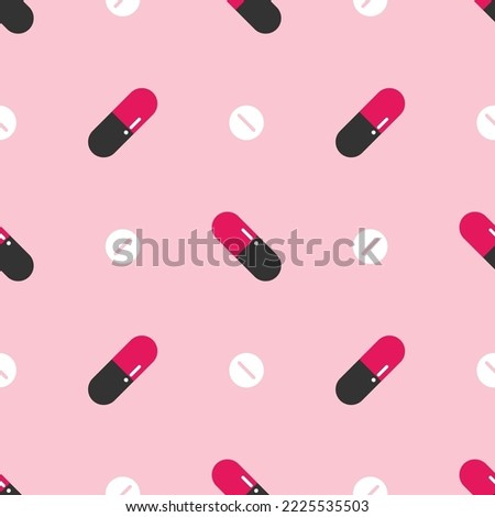 Pink vector seamless pattern background with pills, food supplements, medications.
