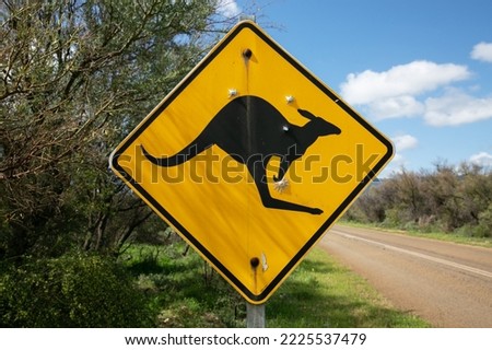 Yellow kangaroo road sign with holes in it next to the road in Australia