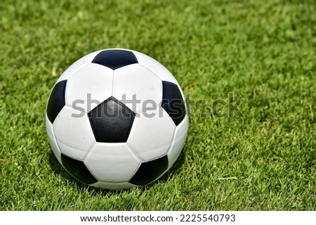 Black White soccer, leather ball on lawn