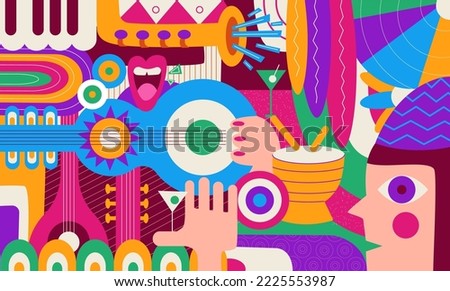 Abstract music festival design, geometric art. Random fun game, retro tube and piano, colorful love smile banner, entertainment club poster. Creative people. Vector recent background Royalty-Free Stock Photo #2225553987