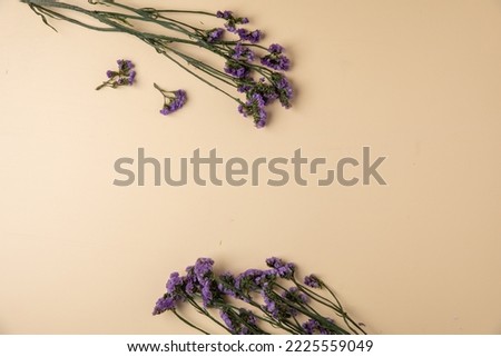 There are lavender flowers on a clean slate. top view