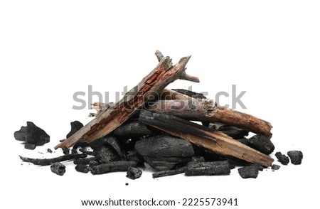 Camp fire, charcoal chunks pile isolated on white  Royalty-Free Stock Photo #2225573941