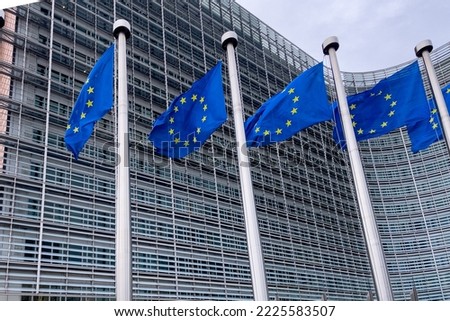 European Flags in front of the European Commission Headquarters building in Brussels, Belgium