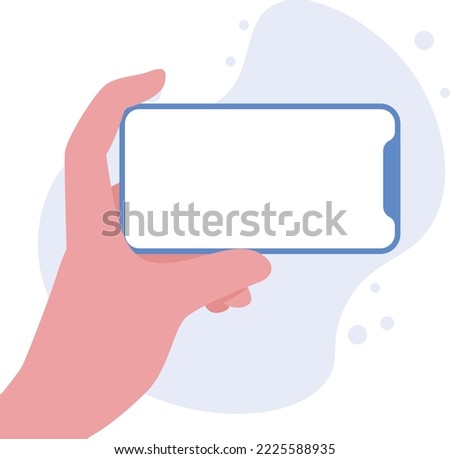 Hand holding smartphone horizontally with blank screen vector illustration. Phone with empty screen, phone mockup, app interface design elements