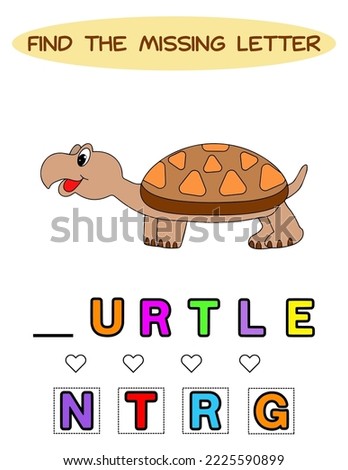Find missing letter. kawaii turtle. Educational spelling game for kids.Education puzzle for children find missing letter of cute cartoon lama  printable bug worksheet.