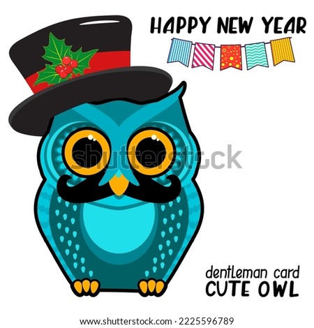 Cute owl gentleman with a mustache and a top hat against the background of a garland of flags. Christmas, New Year concept. Humorous cartoon vector illustration.