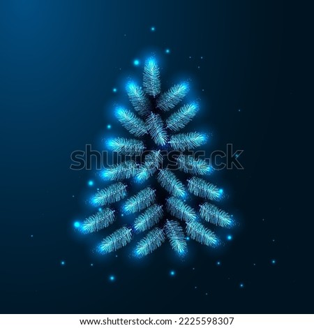 Glowing Christmas spruce tree in futuristic glowing low polygonal style isolated on dark blue background. Merry Christmas greeting card. Modern abstract connection design vector illustration.