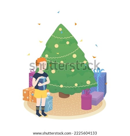 Happy children at winter holiday eve New Year and Christmas hold gifts. Decorated Christmas tree with gift. Receiving gifts. Christmas atmosphere and child with confetti. Vector flat illustration