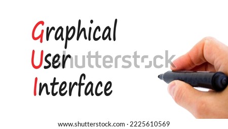 GUI graphical user interface symbol. Concept words GUI graphical user interface on a beautiful white background. Businessman hand. Business and GUI graphical user interface concept. Copy space.