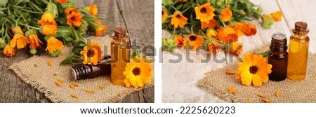 aromatherapy essential oil with fresh marigold flowers on old wooden background. Calendula oil