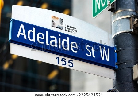 Adelaide Street West street sign in downtown Toronto's financial district. Ontario Canada. Royalty-Free Stock Photo #2225621521