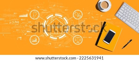 Real estate theme with a computer keyboard and office items