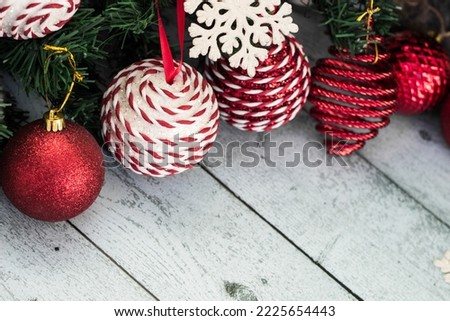 Hanging red balls on pine branches, Christmas and ornaments
