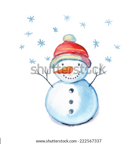 Watercolor illustration of a snowman on a white background.