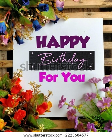 Greeting card, Happy birthday, with flower on wood background