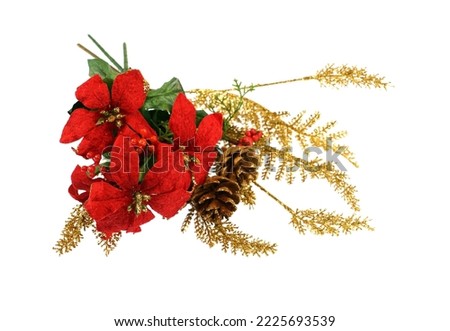 Christmas decoration with red poinsettia flower isolated on white background                   Royalty-Free Stock Photo #2225693539