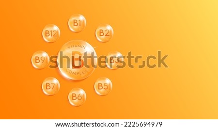 Vitamin B complex droplet, chemical formula from nature. Minerals water orange. Beauty treatment nutrition skincare design. With copy space for text. Medical scientific concepts. Realistic 3D Vector. Royalty-Free Stock Photo #2225694979