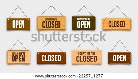 Wooden open or closed hanging signboards. Made of wood door sign for cafe, restaurant, bar or retail store. Announcement banner, information signage for business or service. Vector illustration