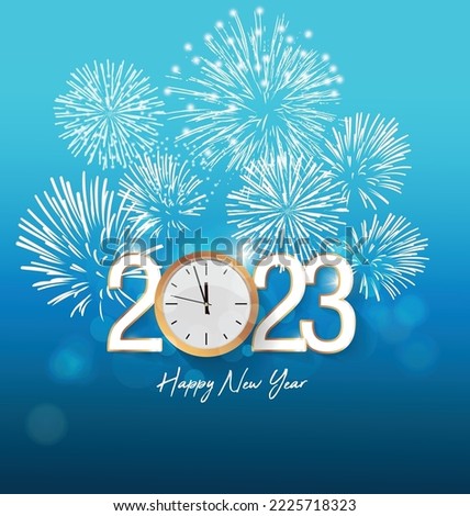 Happy new year 2023. Hanging white paper number with confetti on a colorful blurry background. Royalty-Free Stock Photo #2225718323