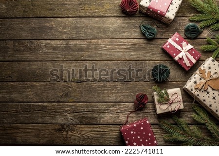 Christmas present on old wooden background.  many gift boxes and Christmas decor.  Flat lay. Copy space